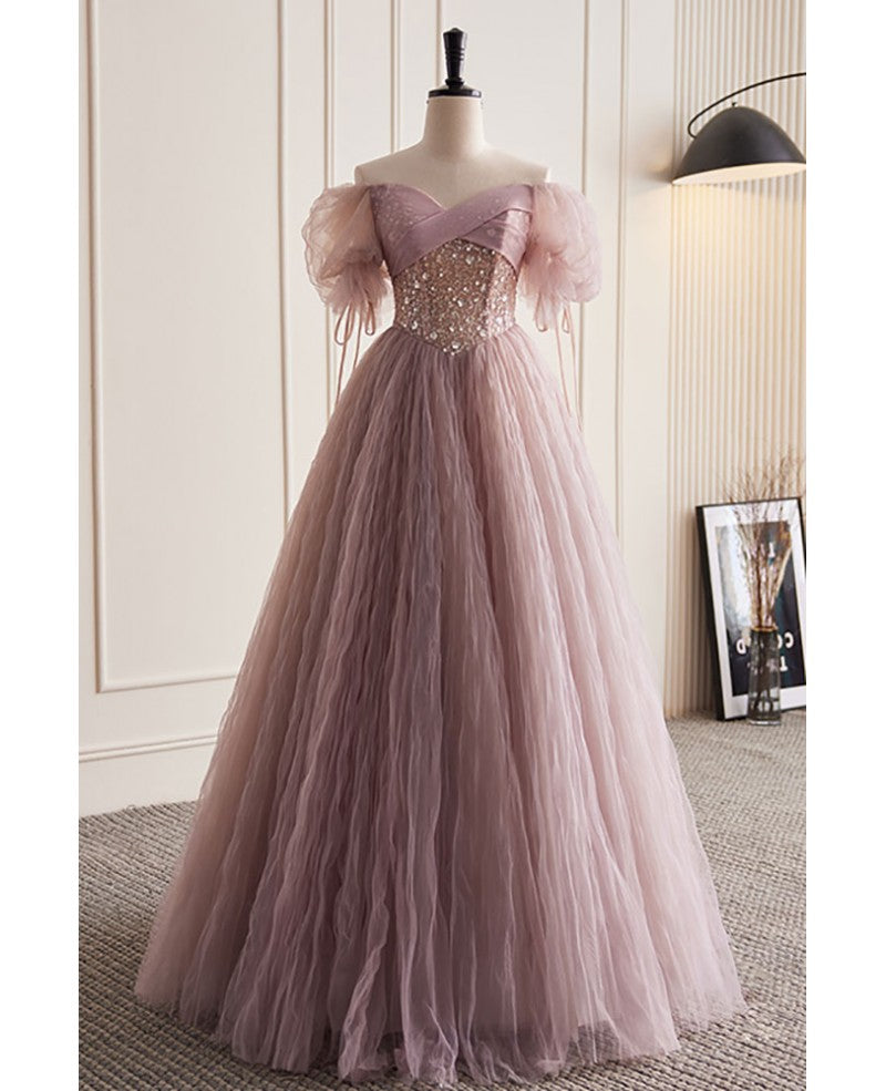 Sweet and charming deep pink glitter beaded sequins off the shoulder bubble sleeve ball dress, deep pink fluffy sheer princess backless strap evening dress