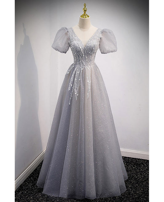 Charming grey fluffy short sleeved ball dress with grey princess V-neck beaded sequins, backless and ground length evening dress