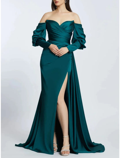 A-Line Evening Gown High Split Dress Formal Sweep / Brush Train Long Sleeve Off Shoulder Satin with Pleats Ruched Slit