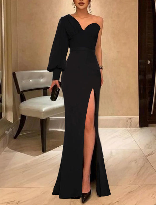 Mermaid / Trumpet Evening Gown Black Dress Dress Wedding Guest Prom Floor Length Long Sleeve One Shoulder Stretch Fabric with Slit