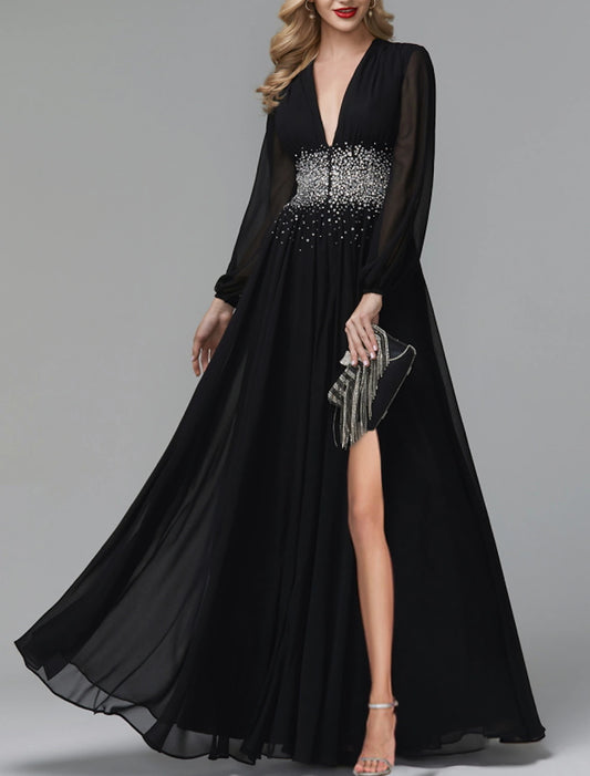 A-Line Evening Gown Luxurious Dress Party Wear Formal Evening Floor Length Long Sleeve V Neck Tulle with Pleats Sequin Slit