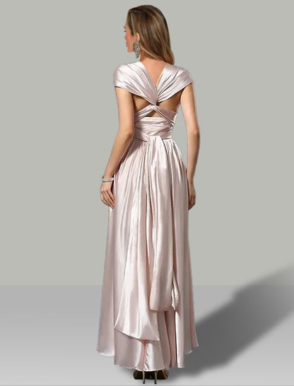 A-Line Wedding Guest Dresses High Low Dress Summer Garden Party Asymmetrical Sleeveless V Neck Convertible Satin with Ruched