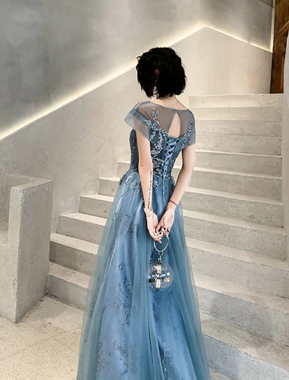 A-Line Mother of the Bride Dress Wedding Guest Elegant Jewel Neck Floor Length Tulle Short Sleeve with Pleats Appliques