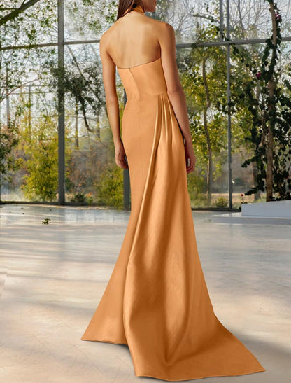 Mermaid / Trumpet Evening Gown Sexy Dress Formal Wedding Guest Court Train Sleeveless Halter Neck Satin with Ruched Slit