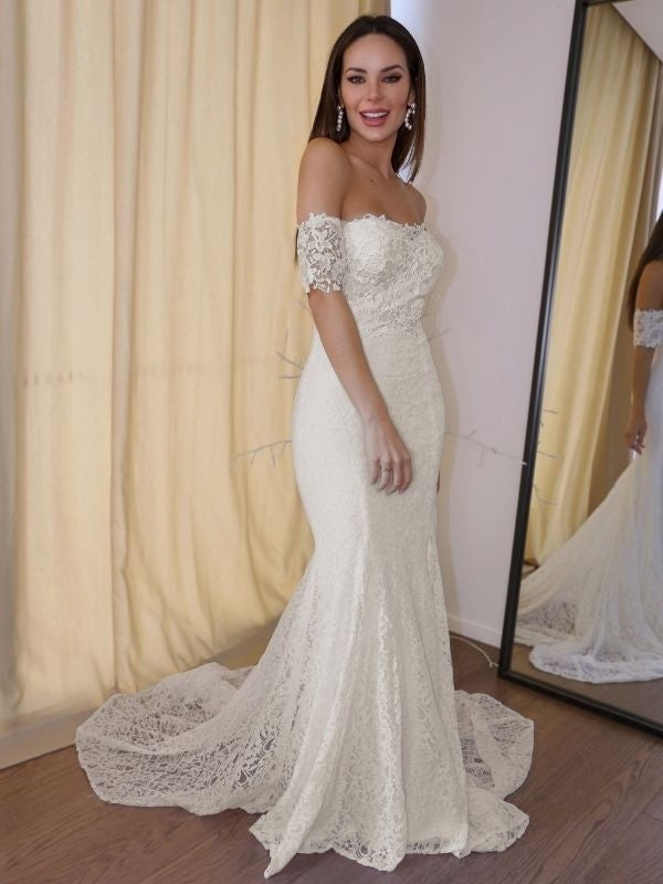 Trumpet/Mermaid Off-the-Shoulder Short Sleeves Lace Applique Court Train Wedding Dresses