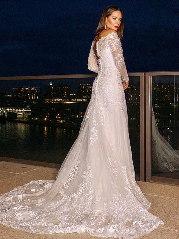 Sheath/Column Lace Off-the-Shoulder Long Sleeves Court Train Wedding Dresses