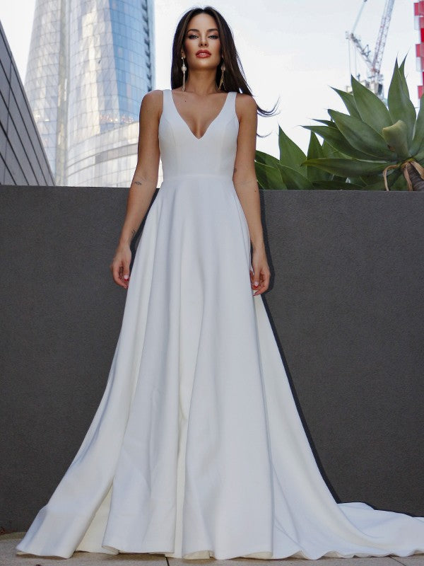 A-Line/Princess Stretch Crepe Ruffles V-neck Sleeveless Sweep/Brush Train Wedding Dresses