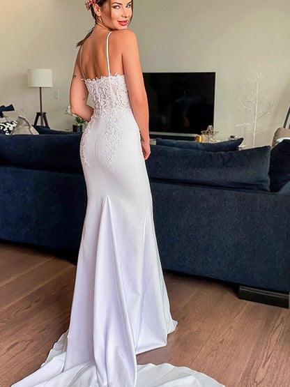 Trumpet/Mermaid Spaghetti Straps Applique Stretch Crepe Sleeveless Cathedral Train Wedding Dresses