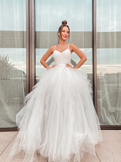 A-Line/Princess Sleeveless V-neck Tulle Ruched Floor-Length Wedding Dresses