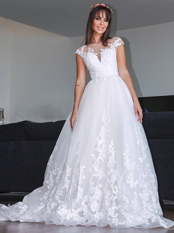 A-Line/Princess Tulle Applique V-neck Sleeveless Court Train Wedding Dresses