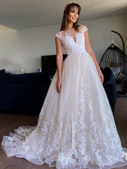 A-Line/Princess Tulle Applique V-neck Sleeveless Court Train Wedding Dresses