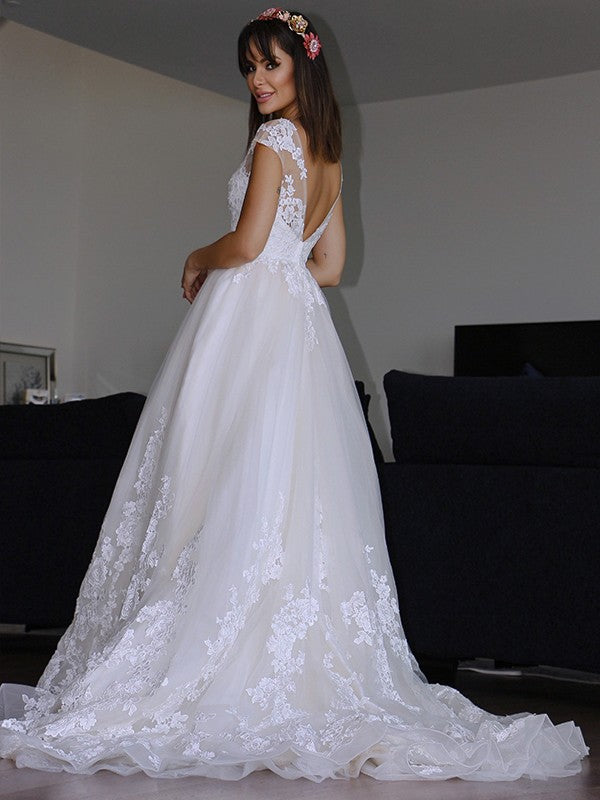 A-Line/Princess Tulle Applique V-neck Sleeveless Court Train Wedding Dresses