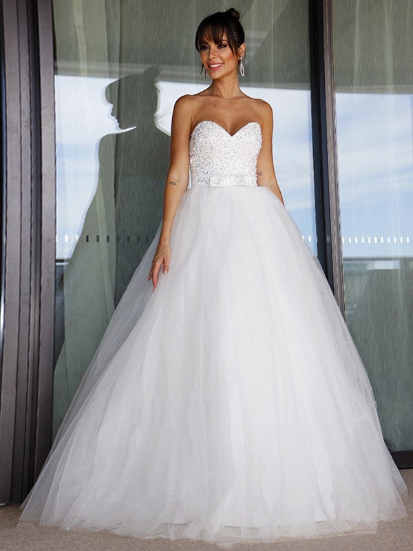 Ball Gown Tulle Sweetheart Bowknot Sleeveless Floor-Length Wedding Dresses