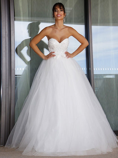 Ball Gown Tulle Sweetheart Bowknot Sleeveless Floor-Length Wedding Dresses