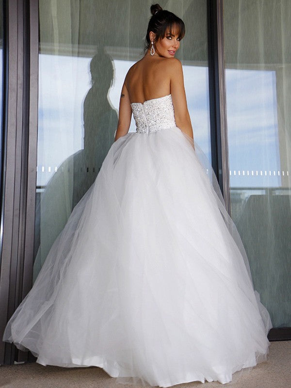 Ball Gown Tulle Sweetheart Bowknot Sleeveless Floor-Length Wedding Dresses