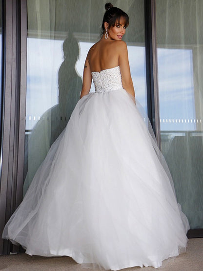 Ball Gown Tulle Sweetheart Bowknot Sleeveless Floor-Length Wedding Dresses