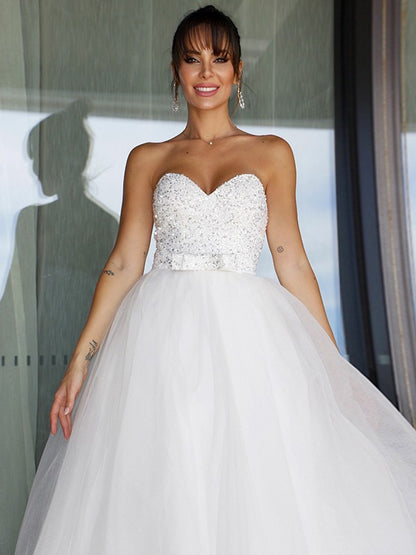 Ball Gown Tulle Sweetheart Bowknot Sleeveless Floor-Length Wedding Dresses