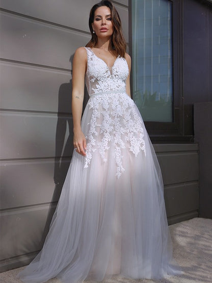 A-Line/Princess V-neck Tulle Sleeveless Applique Sweep/Brush Train Wedding Dresses