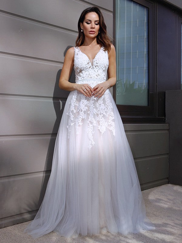 A-Line/Princess V-neck Tulle Sleeveless Applique Sweep/Brush Train Wedding Dresses