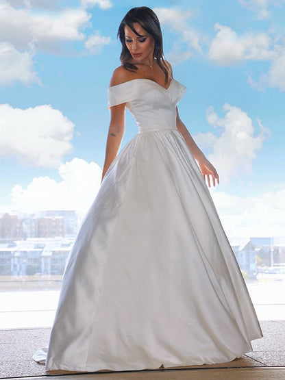 Ball Gown Satin Ruffles Off-the-Shoulder Sleeveless Court Train Wedding Dresses