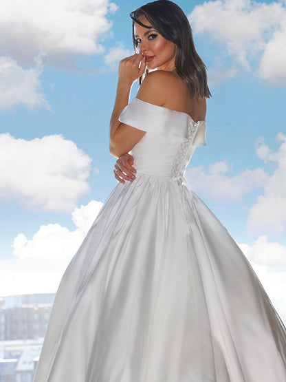 Ball Gown Satin Ruffles Off-the-Shoulder Sleeveless Court Train Wedding Dresses