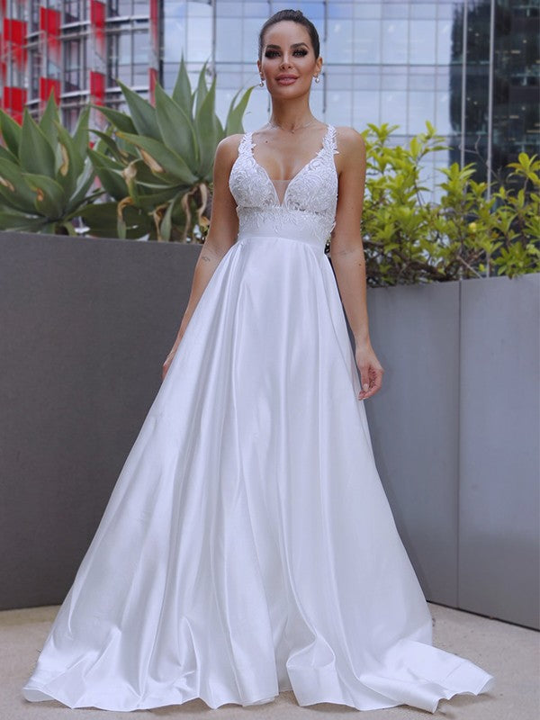 A-Line/Princess V-neck Satin Applique Sleeveless Sweep/Brush Train Wedding Dresses