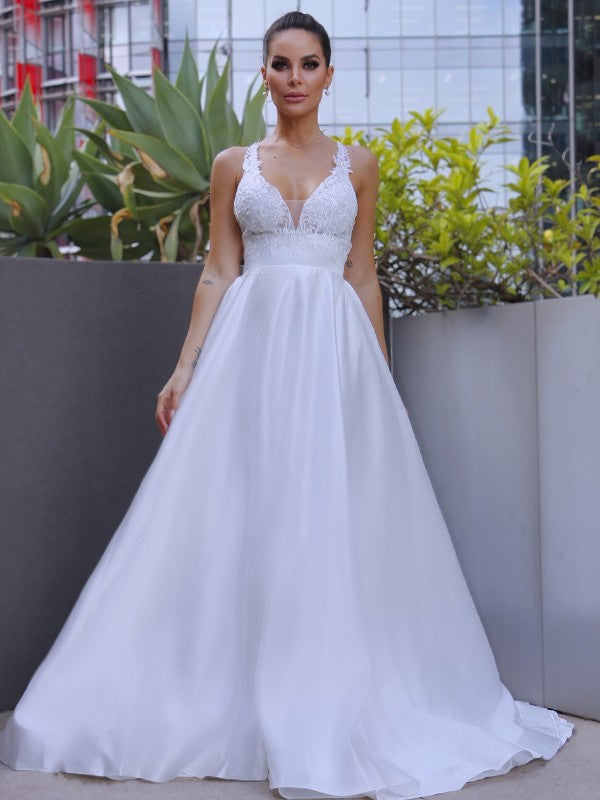 A-Line/Princess V-neck Satin Applique Sleeveless Sweep/Brush Train Wedding Dresses