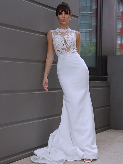 Trumpet/Mermaid Sleeveless Applique Scoop Satin Court Train Wedding Dresses