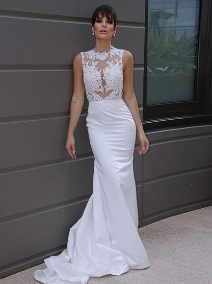 Trumpet/Mermaid Sleeveless Applique Scoop Satin Court Train Wedding Dresses