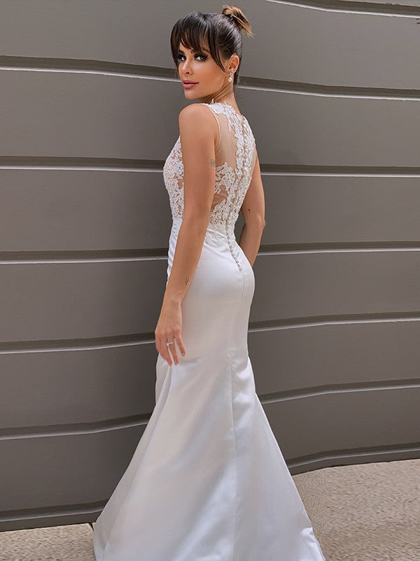 Trumpet/Mermaid Sleeveless Applique Scoop Satin Court Train Wedding Dresses