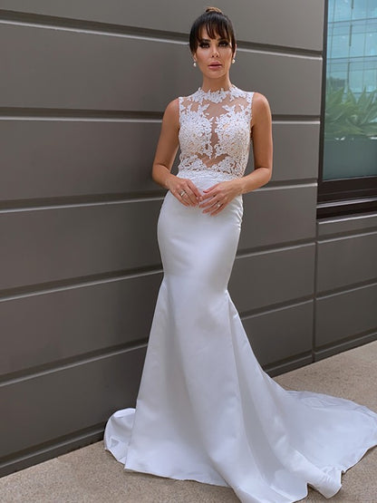 Trumpet/Mermaid Sleeveless Applique Scoop Satin Court Train Wedding Dresses