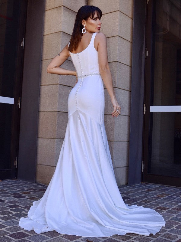 Trumpet/Mermaid Square Sash/Ribbon/Belt Stretch Crepe Sleeveless Sweep/Brush Train Wedding Dresses