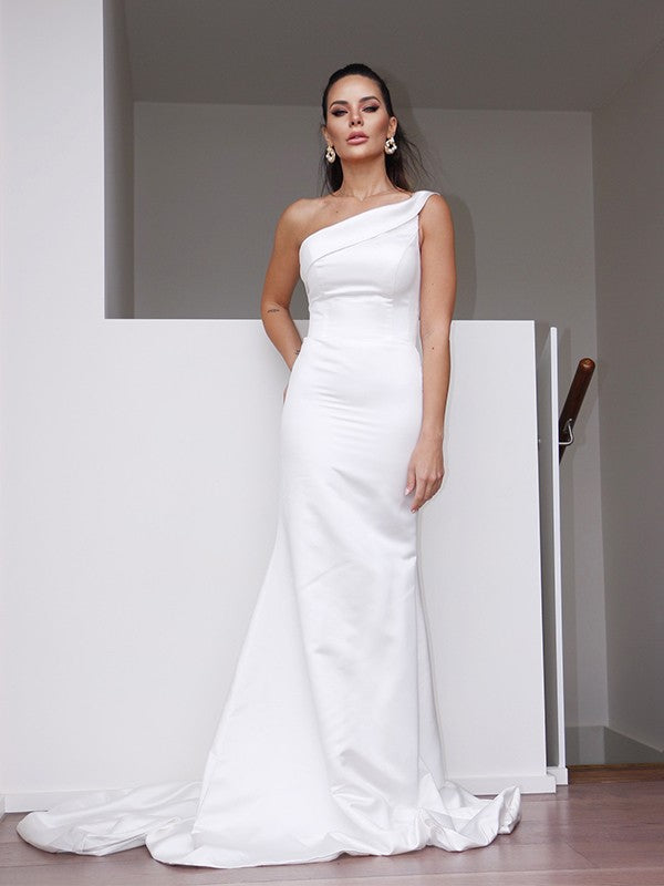 Sheath/Column Satin One-Shoulder Ruched Sleeveless Sweep/Brush Train Wedding Dresses