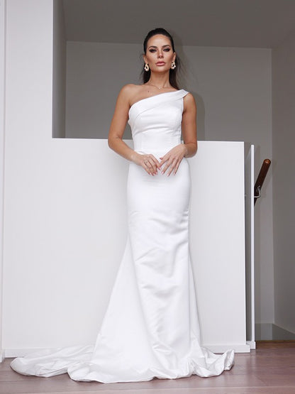 Sheath/Column Satin One-Shoulder Ruched Sleeveless Sweep/Brush Train Wedding Dresses