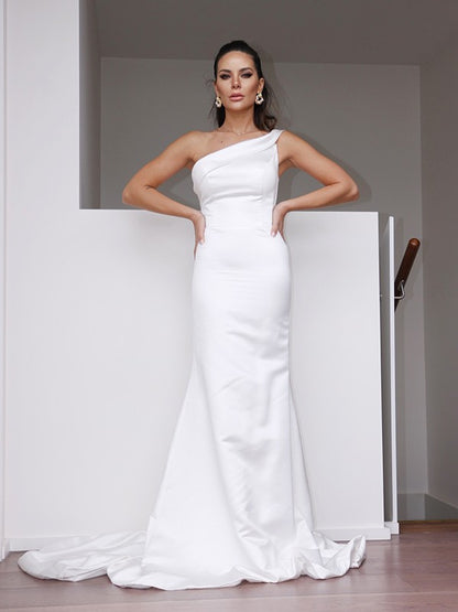 Sheath/Column Satin One-Shoulder Ruched Sleeveless Sweep/Brush Train Wedding Dresses