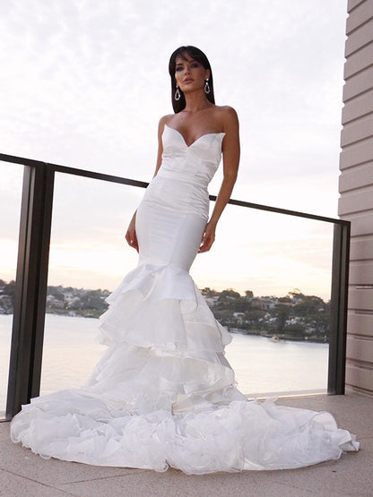 Trumpet/Mermaid Satin Sweetheart Sleeveless Layers Sweep/Brush Train Wedding Dresses