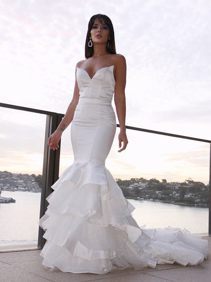 Trumpet/Mermaid Satin Sweetheart Sleeveless Layers Sweep/Brush Train Wedding Dresses