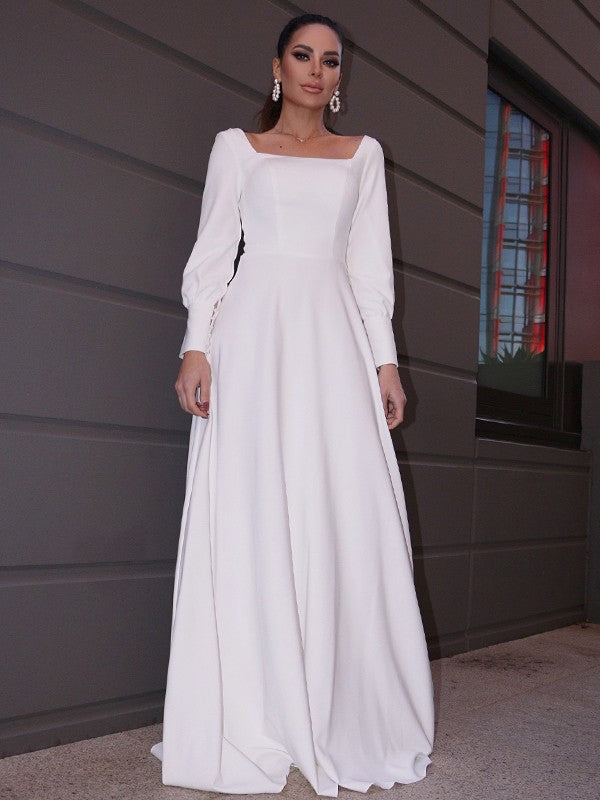 A-Line/Princess Stretch Crepe Ruffles Long Sleeves Square Sweep/Brush Train Wedding Dresses