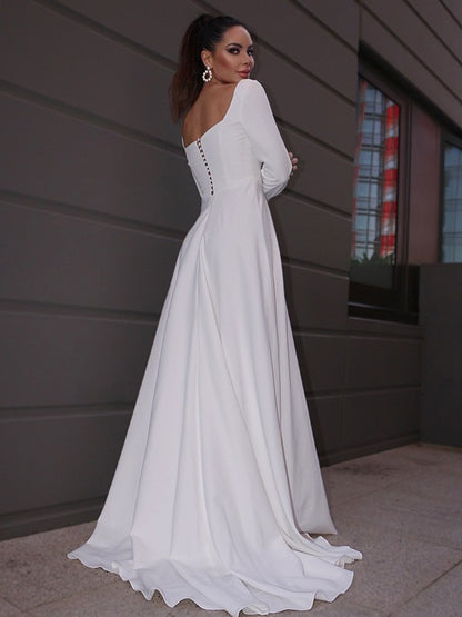 A-Line/Princess Stretch Crepe Ruffles Long Sleeves Square Sweep/Brush Train Wedding Dresses