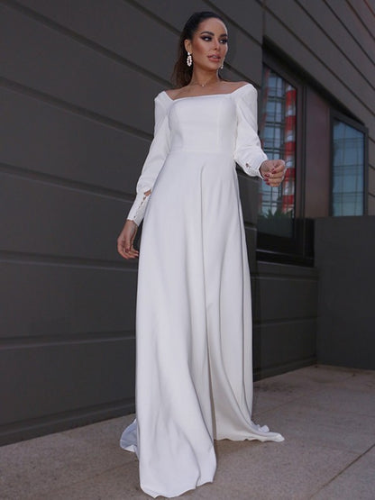 A-Line/Princess Stretch Crepe Ruffles Long Sleeves Square Sweep/Brush Train Wedding Dresses