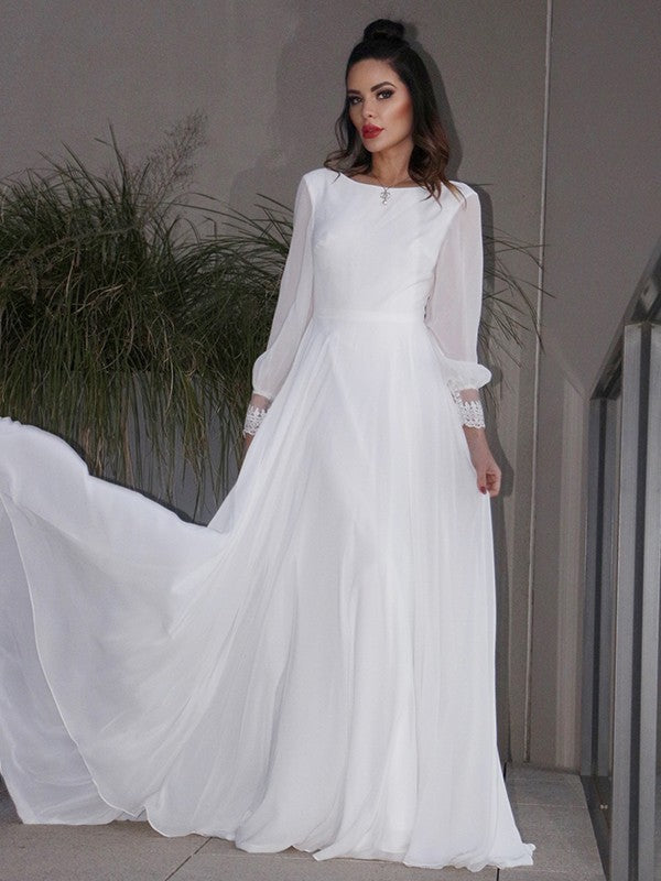 A-Line/Princess Chiffon Ruffles Long Sleeves Scoop Sweep/Brush Train Wedding Dresses