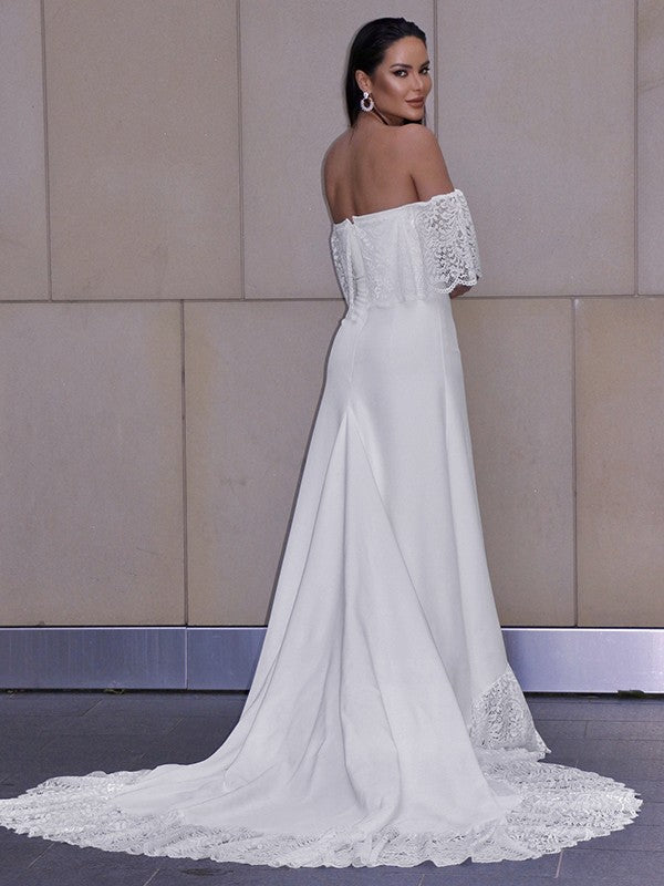 Sheath/Column Lace Ruffles Off-the-Shoulder Short Sleeves Chapel Train Wedding Dresses