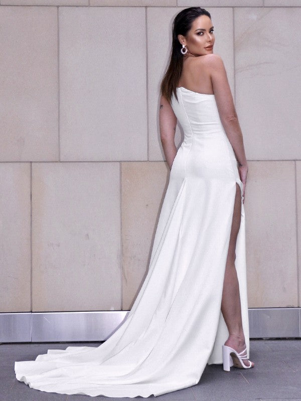 Sheath/Column Stretch Crepe Ruched One-Shoulder Sleeveless Sweep/Brush Train Wedding Dresses