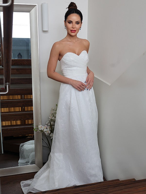 A-Line/Princess Ruched Sweetheart Sleeveless Sweep/Brush Train Wedding Dresses