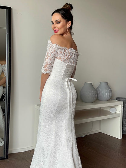 Sheath/Column Lace Ruffles Off-the-Shoulder 1/2 Sleeves Sweep/Brush Train Wedding Dresses