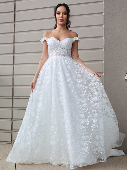 A-Line/Princess Tulle Applique Off-the-Shoulder Sleeveless Sweep/Brush Train Wedding Dresses