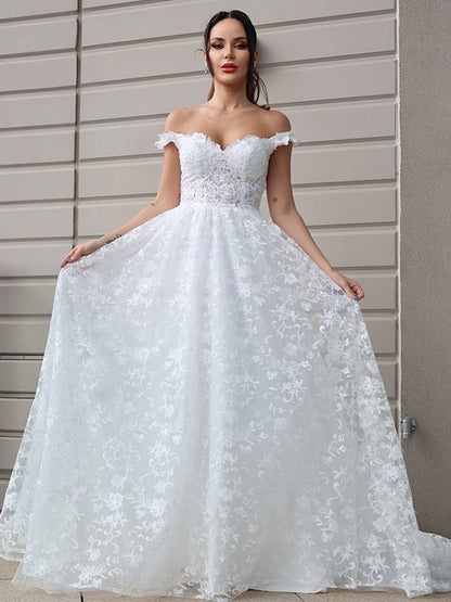 A-Line/Princess Tulle Applique Off-the-Shoulder Sleeveless Sweep/Brush Train Wedding Dresses