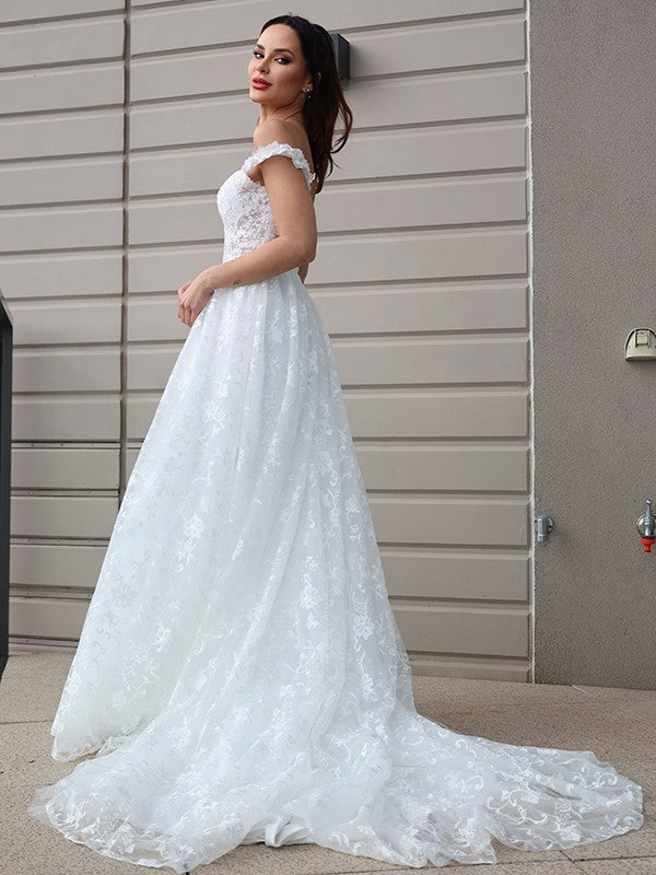 A-Line/Princess Tulle Applique Off-the-Shoulder Sleeveless Sweep/Brush Train Wedding Dresses