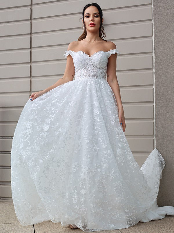 A-Line/Princess Tulle Applique Off-the-Shoulder Sleeveless Sweep/Brush Train Wedding Dresses