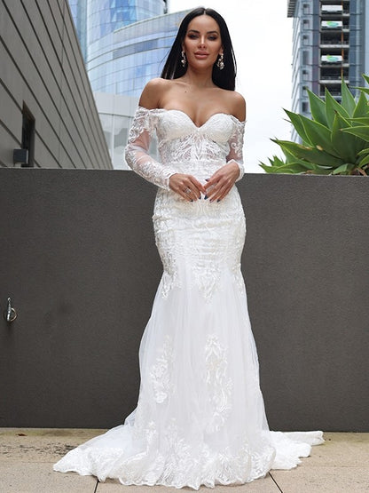 Trumpet/Mermaid Tulle Applique Off-the-Shoulder Long Sleeves Sweep/Brush Train Wedding Dresses